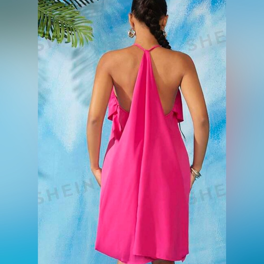 Dark red Orange ruffle dress beach cover up size Medium open back Y strap - Picture 4 of 6
